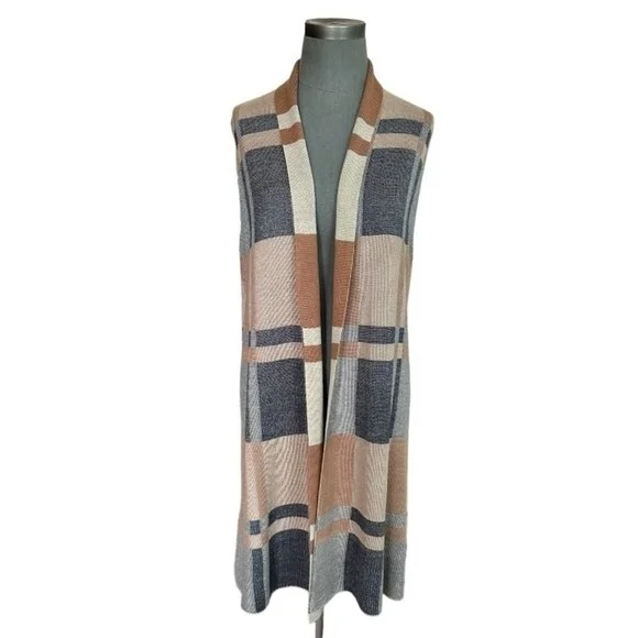 Women's 1775 Long Plaid Vest Cardigan Size M Open Front Sleeveless Tan Blue EXC - Picture 5 of 9